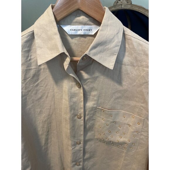 Vintage 90s Carlies Court Brown Linen Long Sleeve Button Down Shirt - Picture 4 of 10